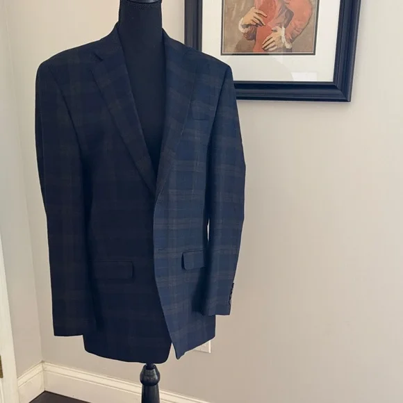 Lauren Ralph Lauren Men's 100% Wool Plaid Blazer Jacket Navy Blue Size 40R